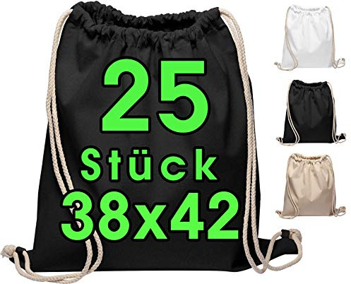 25 STÜCK Baumwollbeutel Turnbeutel 38 x 42cm Sportbeutel - Rucksack Stofftasche Bag, Beutel, Baumwollbeutel, Jutebeutel OEKO-TEX® zertifiziert Stoffbeutel Einkaufsbeutel Gym Sac Sack zum bemalen Set