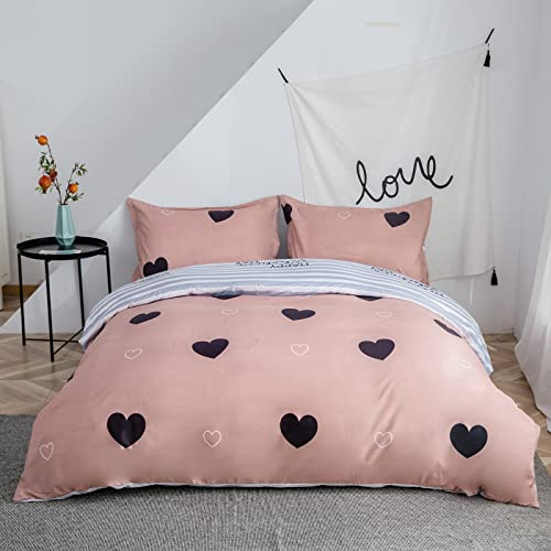 Fansu Funda Nordica Cama 105 con 1 Sábana encimera y 2 Funda Almohada - Funda Edredon Cama 105 - Juego de Cama de 4 Piezas Microfibra Cepillada Reversible 200 x 200 cm (Corazón - Rosa)