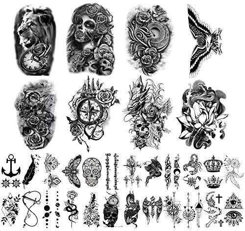 32 feuilles autocollants tatouages temporaires, 8 feuilles faux corps bras poitrine épaule tatouages pour hommes femmes avec 24 feuilles minuscules tatouages temporaires noirs