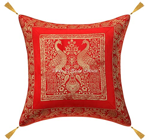 Stylo Culture Boho Forros De Cojines Decorativa 45x45 cm Brocado De Seda Pavo Real Fundas Almohadones Silla Rojo 18x18 Inch Borlas De Jacquard Cuadrado Cremallera Fundas para Cojines Cama - 1 Pc