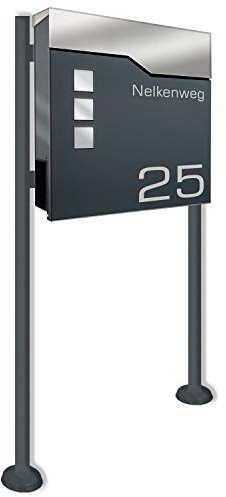 Zalafino Briefkasten incl. Standfuß freistehend in anthrazit - individualisierbarer Design-Briefkasten aus pulverbeschichtetem Stahl mit Zeitungsrolle, Sichtfeldern und Standfuß