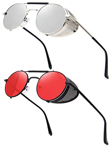 RONSOU Runde Steampunk-Sonnenbrille Unisex mit Seitenschutz | Retro-Metallrahmen, TAC-Gläser mit UV400; ideal für Partys, Autofahren, Reisen, Festivals und Alltag.