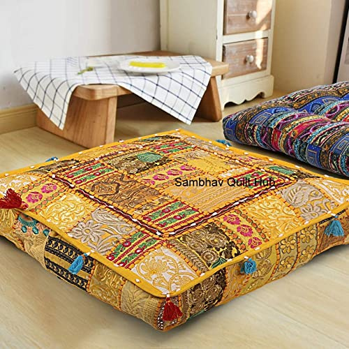 Lappverk golvkudde fyrkantig 89 cm x 89 cm stor lådformad premium allergivänlig fyrkantig fyllare bäst för meditation, golvkudde, mandala-ottomankudde, hundsängar, solstol, husdjurssängar (gul)