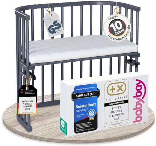 babybay Original Beistellbett aus massivem Buchenholz / kompakt & verwandelbar / Kinderbett Höhe stufenlos verstellbar / mitwachsendes Babybett (schiefergrau lackiert) / inkl. Matratze