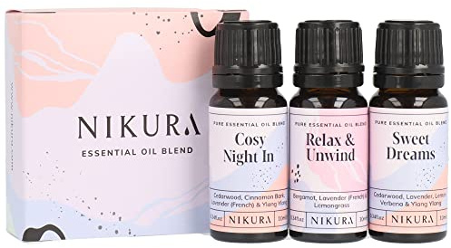 Nikura | Sleep Essential Oil Blends Set - Cosy Night in, Relax & Unwind & Sweet Dreams | Strong Fragrance for Soap and Candle Making, Diffusers for Home, Vegan, 100% Pure and Natural