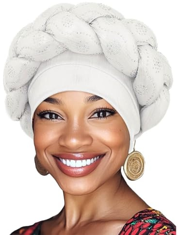 Woeoe African Turban Head Wrap Silver Braid Beanie Cap Headwear Crystals Twisted Head Turbans for Women and Girls (Silver)