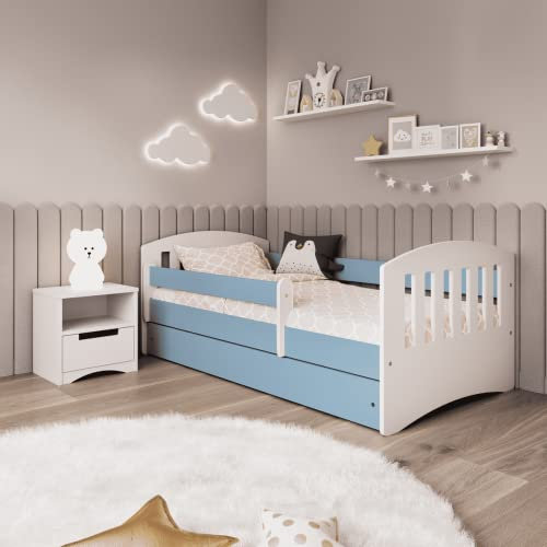 Kids Collective Kinderbett 80x160 cm | 80x180 cm mit Matratze, Rausfallschutz, Lattenrost & Schublade in blau 80x160 Mädchen Jungen Bett Skandi Jugendbett | von 3. bis 10. Lebensjahr