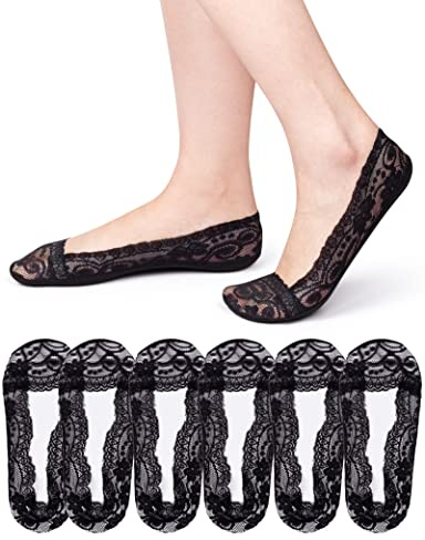 MELLIEX 6 par damstrumpor, osynliga bomullsneakers, ventilerande ballerina-strumpor med halkfri silikon, svart, one size