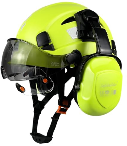 SAFEBUILDER Construction Safety Helmet with Visors Clear & Tinted Earmuffs Hearing Protection Industrial Work Hard Hat for Engineer (Fluorescent Green Helmet with Clear & Tinted Visor & Earmuffs)