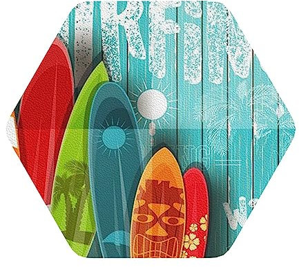 Surfbrett auf Holz-Leder-Untersetzer, 6 Stück, für Damen und Herren, für verschiedene Tassen, Tische und Heimdekoration, 10,2 cm