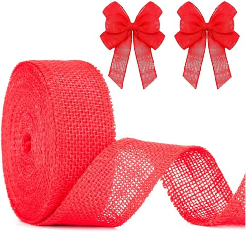 jijAcraft Juteband 4cm Breit, 10m Burlap Vintage Geschenkband, Sackleinen Decoband für Handwerk, Hochzeitdeko, Weihnachten, Herbstkranz - Rot
