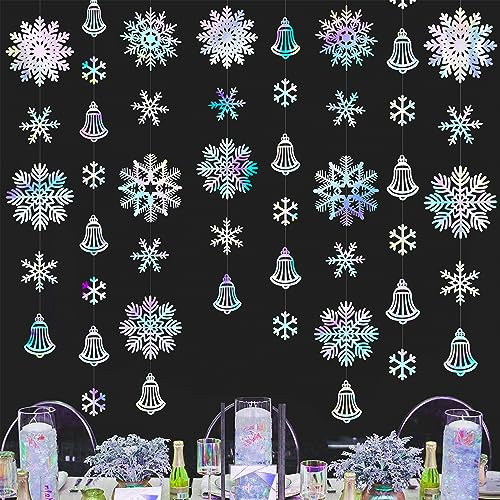 40Fuß Schneeflocken-Partydekorationen Schillernde Glockengirlande Holografische Große Schneeflocken Hängende Luftschlange Hintergrund für Winterwunderland Weihnachten Urlaub Zuhause Fenster Wand Decor