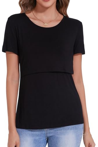 Sosolism T-Shirt d'allaitement Essentiel pour l'Été Manches Courtes Tee Doux pour Allaitement pour Femmes Noir, Grand