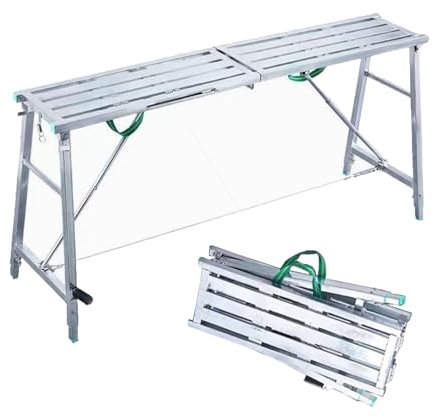 Plataforma de trabajo ajustable en escalera, 2 en 1 como caballete y banco de trabajo, plataforma de andamio plegable portátil, patas de acero 881ibs, taburete de almacenamiento fácil de garaje