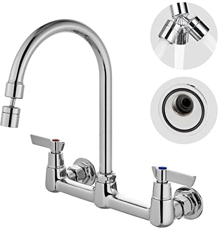 Airuida Wall Mount Kitchen Sink Faucet Wall Mounted Faucet 8 Inches Center Commercial Kink Tap 2 Handle Laundry Room Restaurant Compartment Sink Swivel Spout Without Adapters Chrome Polish