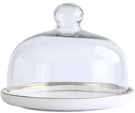 HOUSN Kuchenhaube Keramik Kuchenplatte Glas, Kuchenglocke Ständer Tortenständer Glashaube Lebensmittel Abdeckung Für Hochzeit Geburtstag Party,Weiß,25cm