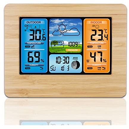 Estación meteorológica con pluviómetro Rf Reloj de clima inalámbrico Reloj de alarma electrónico multifunción, reloj de pronóstico del tiempo en pantalla color Inalámbrico Interior Exterior(Color:Brow