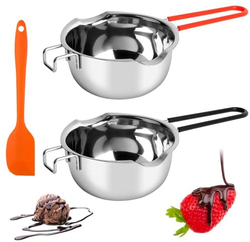 Geoyien Crogiolo di Cioccolato, 2 Crogiolo in Inox, Pentola di Fusione, Bagnomaria, con 1 Raschietto Silicone, pentola di Riscaldamento, Manico antiscottatura, per Cottura, Cioccolato, Burro (400ml)