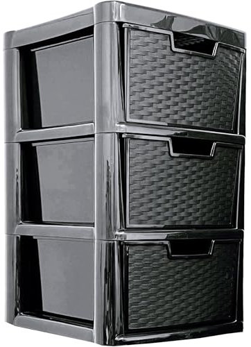 ALEEZ - Large Plastic Drawer Storage Unit - Rattan Effect 3 Drawer Cabinet - Multipurpose Storage Organiser - Office, Tabletop Desktop Drawer - Bedroom Chest Drawer Unit - (Black, 3 Drawer)