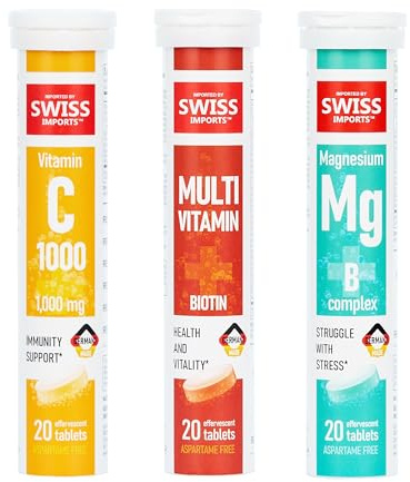 Swiss Imports Effervescent Variety Pack with Vitamin C 1000mg, Magnesium + B Complex, Multivitamin + Biotin, 3-Pack, 60 Tablets