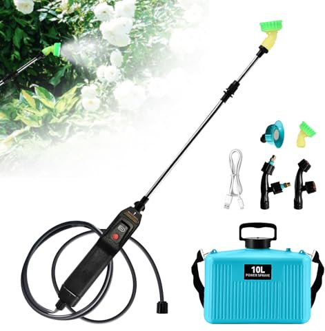 Pulverizador de mochila alimentado por batería de 10 L, mejorado con 4 boquillas de niebla, mango recargable por USB, varita retráctil, pulverizador de agua portátil