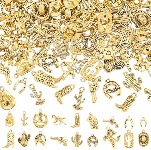 PH PandaHall 90pcs 18 Stile Western Cowboy Charms Tibetanischer Western-Anhänger Antike Goldene Cowboy Stiefel Hut Pferd Anhänger Cowboy-Anhänger für Armband Halskette Schlüsselanhänger