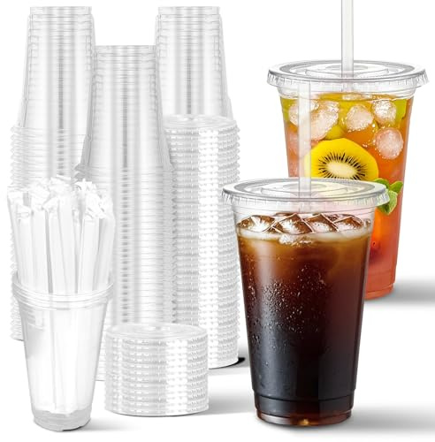 Charmount 100 Sets- 20 oz Clear Plastic Cups with Lids and Straws, Disposable To Go Cups for Cold Drinks, Coffee Bar Accessories, Iced Coffee, Smoothies