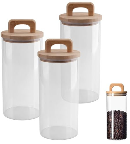 imposyu 3Stück Vorratsdosen Glas mit Bambusdeckel Luftdicht Aufbewahrungsgläser Kaffeebohnen Behälter Küchen Organizer 20x10x10cm für Losen Tee, Kaffee, Müsli, Bohnen