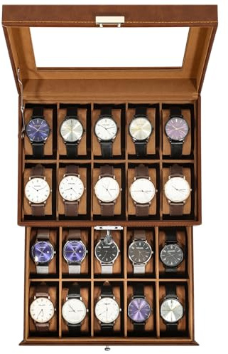 Uten Boîte à Montres 20 Compartiments, 2 Niveaux Coffret à Montres en PU, Couvercle en Verre, Coffret de Rangement pour Montres, Doublure en Velours Marron, Idée Cadeau