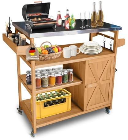 Coemo Servierwagen mit Rollen James Küchenwagen aus Holz, 118x47x92 cm | Kücheninsel mit Türen, Handtuchhalter, Raumwunder, Küchenschrank Rollwagen, Hochwertige Materialien, kratzfest & pflegeleicht