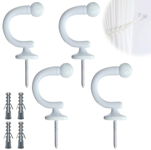 4 Pack Tieback Hooks U Shaped Metal for Fixed Curtain or Hanging Items | Curtain Tie Backs Hooks Ball End Curtain Tie Back Hooks Chrome for Bathroom Kitchen Garden Ceiling Hanging Curtain Holdbacks