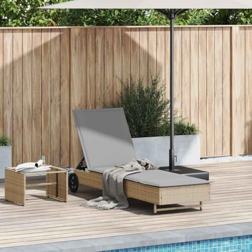 SDWEHO7 Sonnenliege mit Verstellbarer Rückenlehne, Rollen & Auflage, Garten Liegestuhl Gartenliege Outdoor Liege für Garten Terrasse, Beige Poly Rattan
