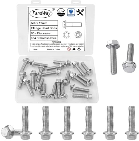 FandWay 50 Stück M6x12mm Sechskantschrauben,Flanschschrauben Edelstahl A2 V2A,Strukturschrauben, Außensechskan,Vollgewinde, Gewindesteigung 1,0 mm, für Auto und Motorradreparatur.