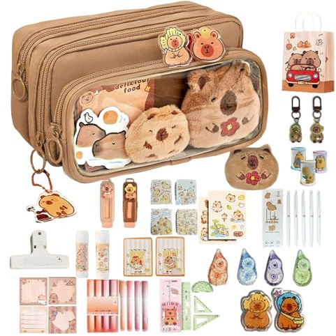 Capybara Juego de Escritura | Lindo Estuche para lápices Capybara | Bolsa para bolígrafos de gran capacidad Organización para útiles escolares | Goma de borrar Regla Marcador Niños Estudiantes Aula
