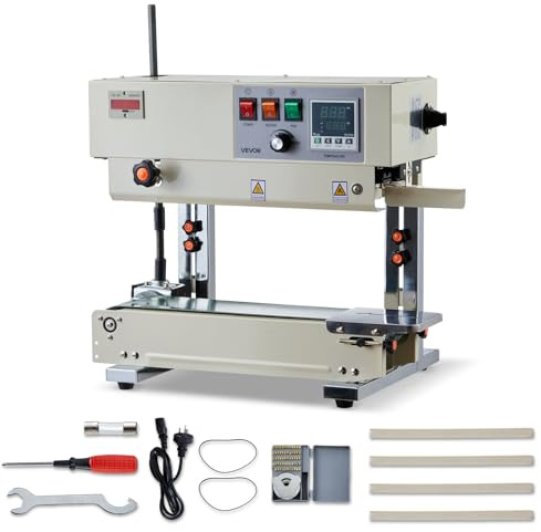 VEVOR Continuous Bag Band Sealing Machine, 0.24-0.47 in Seal Width, Vertical Band Sealer Machine with Roller Printing, Temp & Speed Adjustable, Heat Sealing Machine for 0.001-0.03 in Plastic Bags