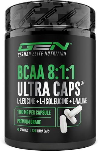 BCAA Ultra Caps 320 capsule - 1100 mg per Capsula - Extra Alto Dosaggio e Pura - Rapporto 8:1:1 - L-Leucina, L-Isoleucina, L-Valina - Amminoacidi Essenziali