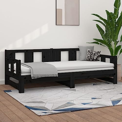 QJBSAVVA Tagesbett Ausziehbar Schwarz Massivholz Kiefer 203,5x160x69,5 cm Gästebett Schlafsofa Jugendbett Doppelbett für Wohnzimmer Schlafzimmer Büro
