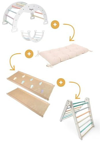 Family Nation, Arco Montessoriano Cotton Candy con Cuscino, Scivolo Montessoriano e Triangolo Pikler, per Bambini da 1 Anno di Età, Sviluppo Equilibrio e Agilità, Solida Struttura in Legno