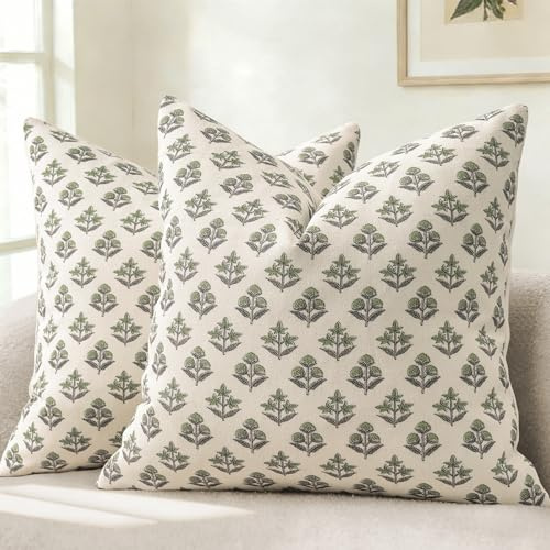 YCOLL Kuddfodral modern botanisk vintagedesign 40 x 40 set med 2 blommor, kuddfodral dekorativa soffkuddar för soffa stol säng vardagsrum heminredning salviagrön