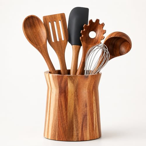 Holz Utensilienhalter für Arbeitsplatte, 360° Drehbarer Küchenutensilienhalter, 18,2 x 15,2 cm, Großer Akazien-Kochwerkzeughalter für Arbeitsplatte, Bauernhof und Küchendekoration