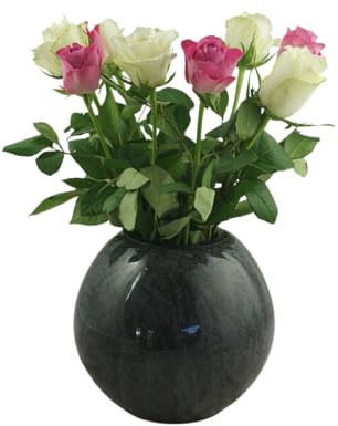 designgrab Vase funéraire rond en granit Orion Diamètre 17 cm Hauteur 20 cm Résistant aux intempéries Avec insert en plastique poli Moderne Pour tombe et pierre tombale