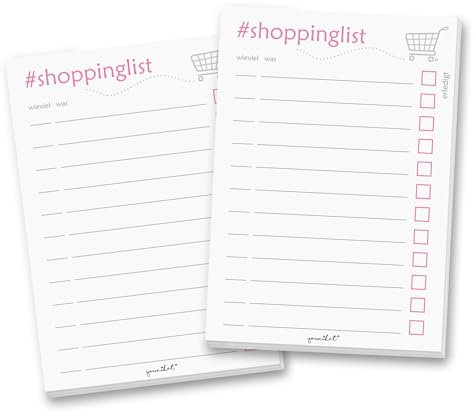 younikat 2 kleine Notizblöcke #shoppinglist I DIN A6 50 Blatt I Set für die Küche Handtasche Auto I Einkaufsliste aus Papier zum Abreißen & Ankreuzen I dv378