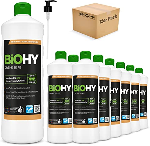 BiOHY Creme Seife (12 x 1 Liter) + Pumpspender | Hautschonende, rückfettende & geruchsneutrale Handseife | flüssiger Nachfüllpack mit pflanzlichen Inhaltsstoffen | auch für das Gesicht geeignet