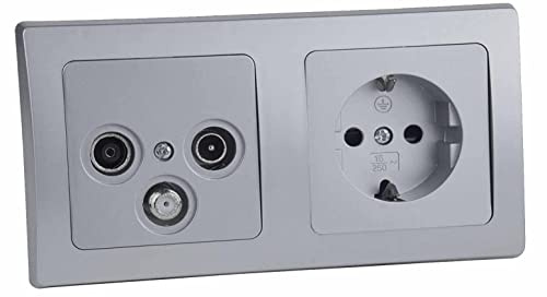 ChiliTec Antennendose Delphi 2-Fach Unterputz TV SAT Kabel Steckdose | Grau Silber 3-fach Anschlussdose, Kombination mit Schutzkontaktsteckdose, Mit Rahmen, Mit Steckklemme