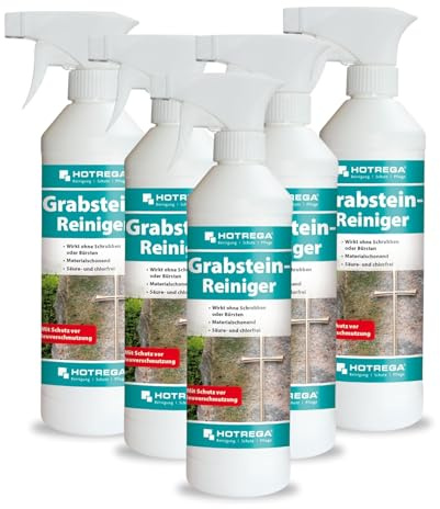 HOTREGA Grabsteinreiniger 5x 500ml | Selbsttätiger Steinreiniger Konzentrat | Pflege für Naturstein, Marmor & Bronze | Chlorfreie Tiefenwirkung | Schützt bis zu 12 Monate vor Neubefall | Ohne Schrubben