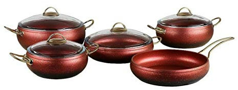 OMS Cookware Red Gold 9 Piece Non Stick Granite Copper Set Glass Lids Casserole Pan Pot - Essential, Pots and Pans Set
