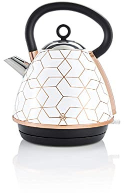 Swan Tribeca, 1.7 Litre Pyramid Kettle, Rapid Boil, Detachable Water Filter, Glamour 20s Art Dec Design, 3kW, White & Rose Gold, SK42010WHTN.