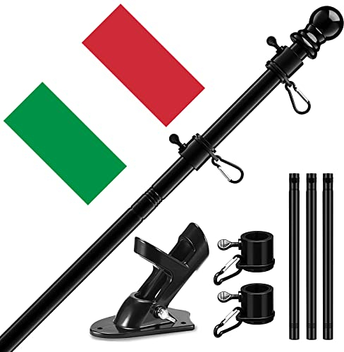 Asta per bandiera nera in alluminio argento con supporto per bandiera da 150 cm, in acciaio inox, con supporto con anelli girevoli/con bandiera italiana da 150 x 90 cm