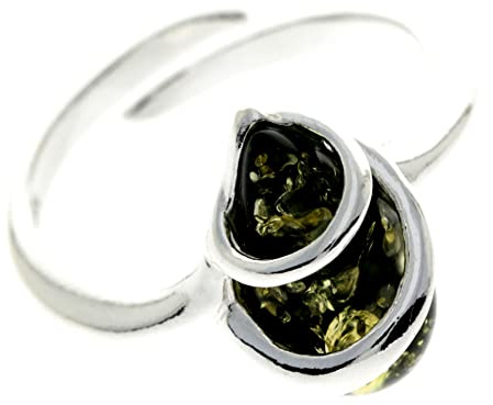 SilverAmber Jewellery Anello moderno regolabile in argento sterling 925 e ambra baltica - GL726A, Argento sterling, Ambra verde.