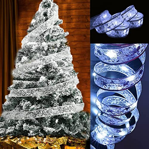 2Pack Christmas Fairy Lights Indoor Outdoor, 30FT 80LED Battery Ribbon String Curtain Lights for Tree Decorations, Xmas Decor - White